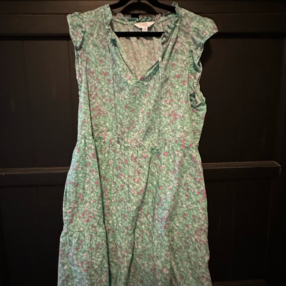 Time and Tru Green Ruffled Midi Sundress with Flutter Sleeves